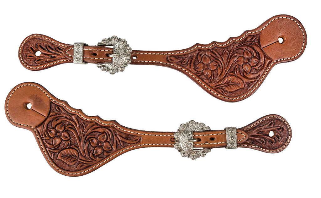 Shaped Western Spur Straps with Floral Tooling