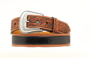 Nocona Men's Western Belt - Black with Tooled Overlay