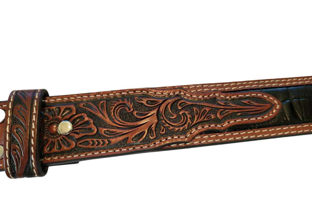 Nocona Men's Western Belt - Black with Tooled Overlay