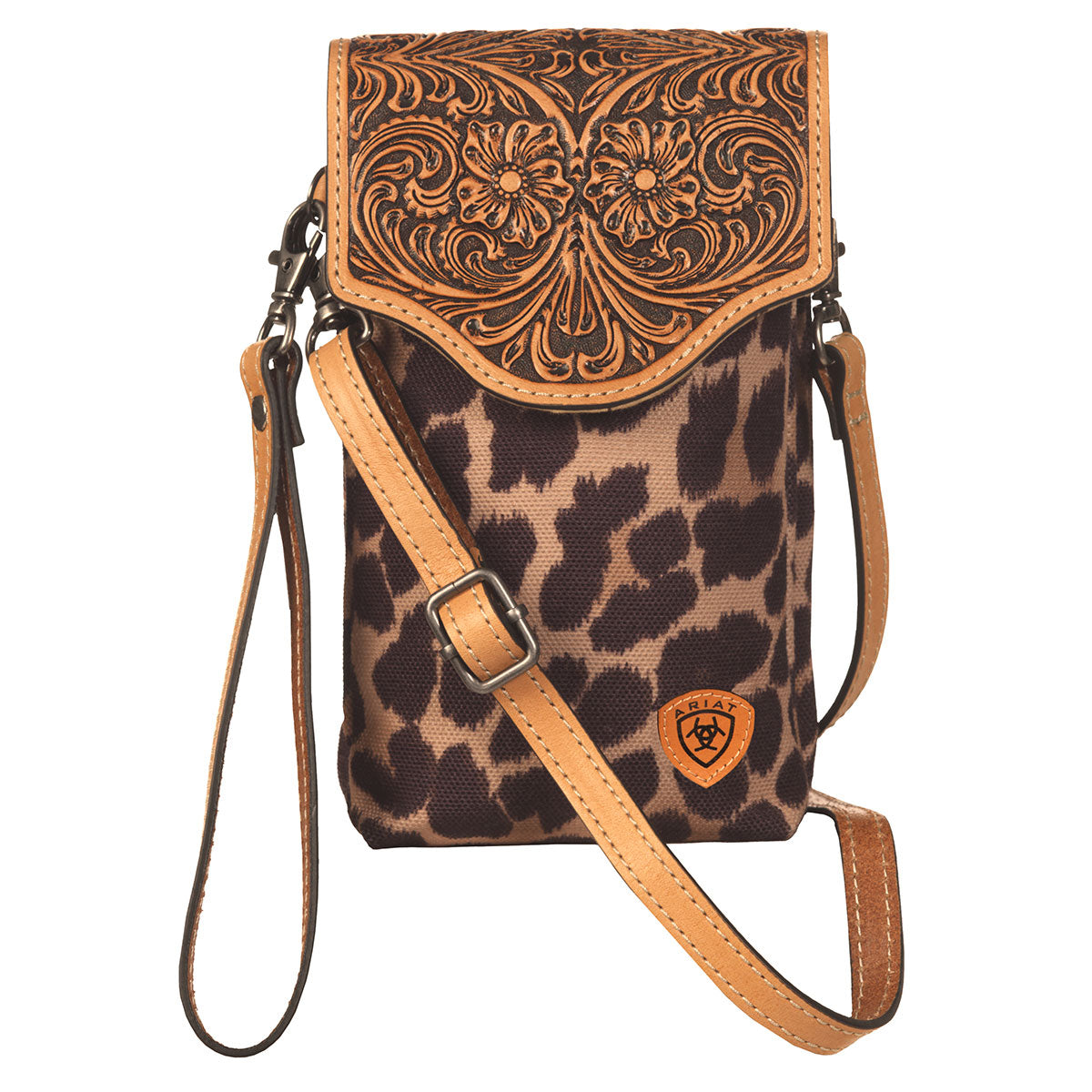 Ariat Tooled Leather and Leopard Canvas Messenger Bag